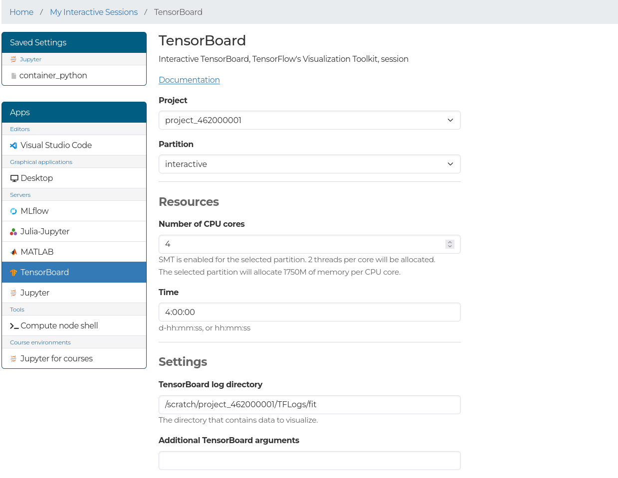 TensorBoard options