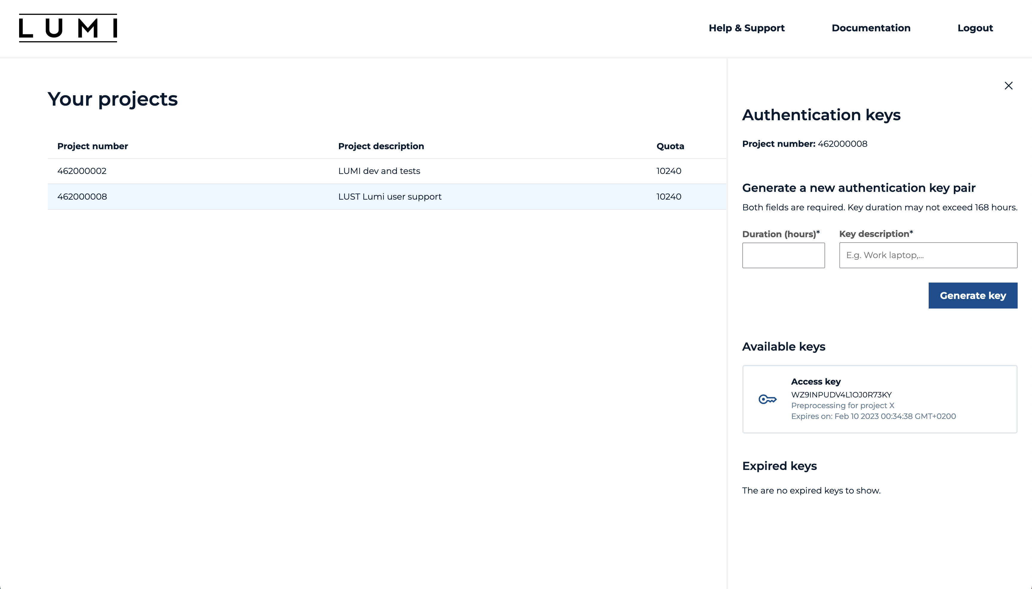 Screenshot of auth.lumidata.eu available keys