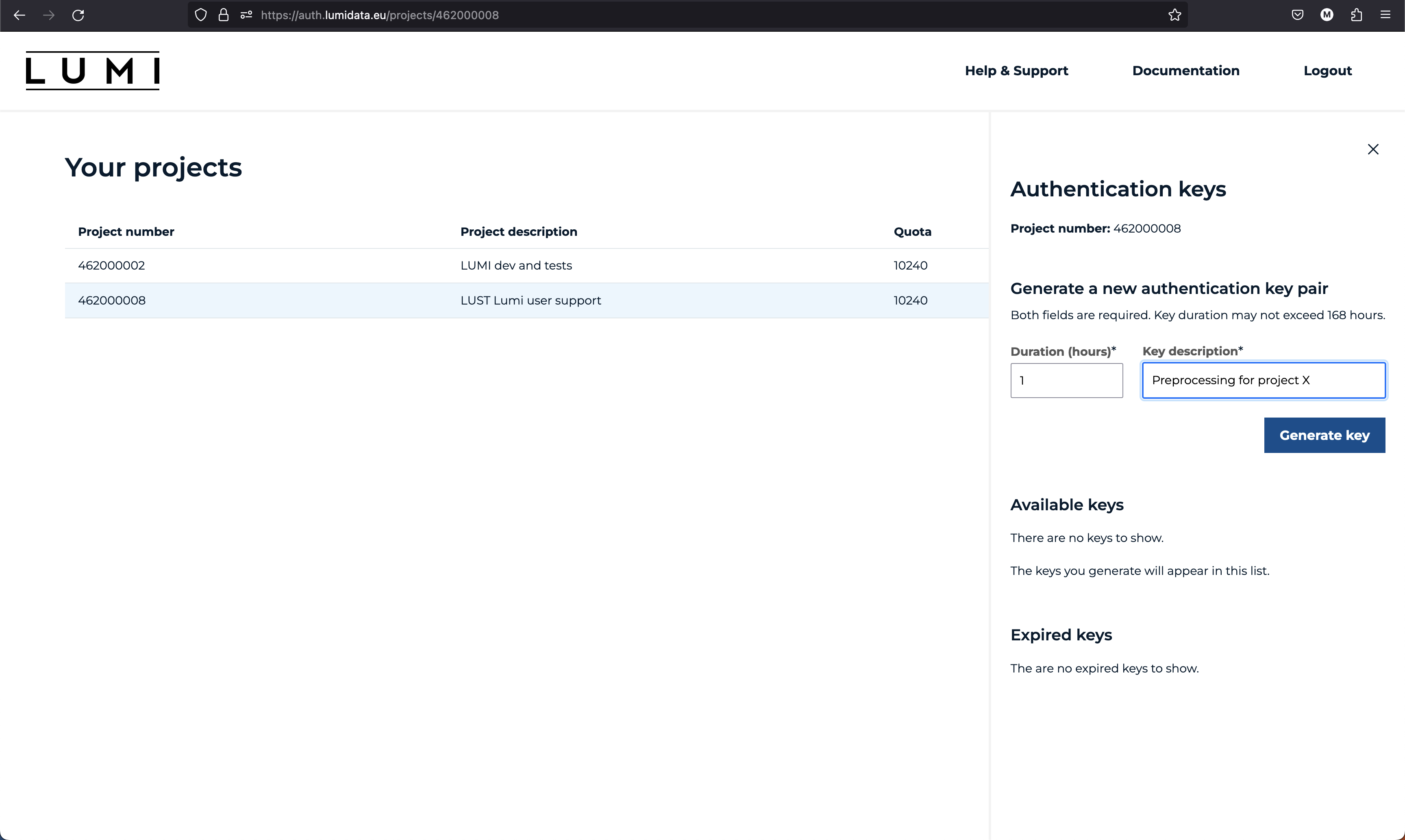 Screenshot of auth.lumidata.eu setting duration and description