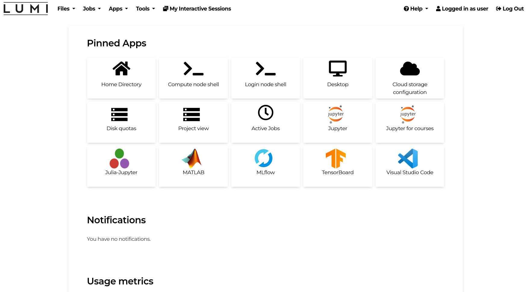 Dashboard for the LUMI web interface