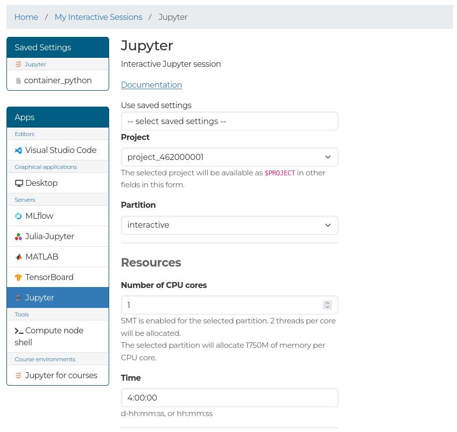 Jupyter resource options